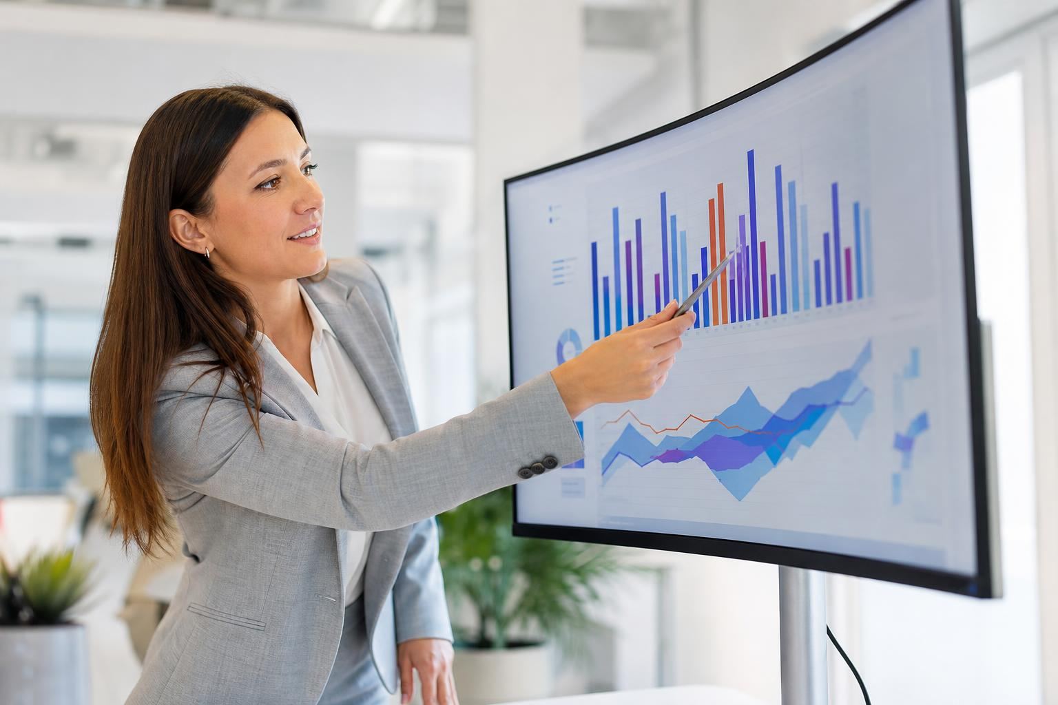 Analyste SEO consultant un grand écran couvert de graphiques de performance